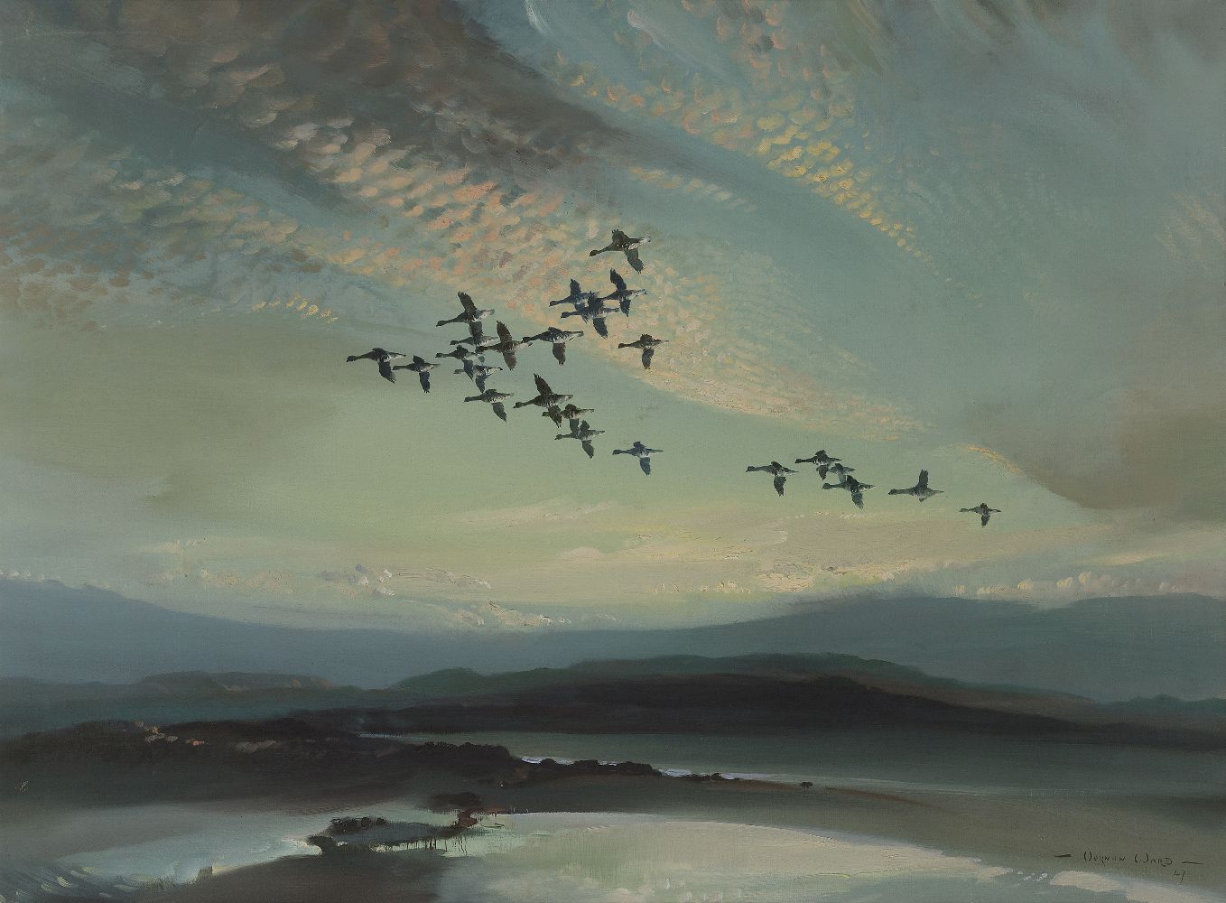 Vernon de Beauvoir Ward ARBA, British 1905–1985 - Geese in flight at sunset, 1947; oil on canvas,