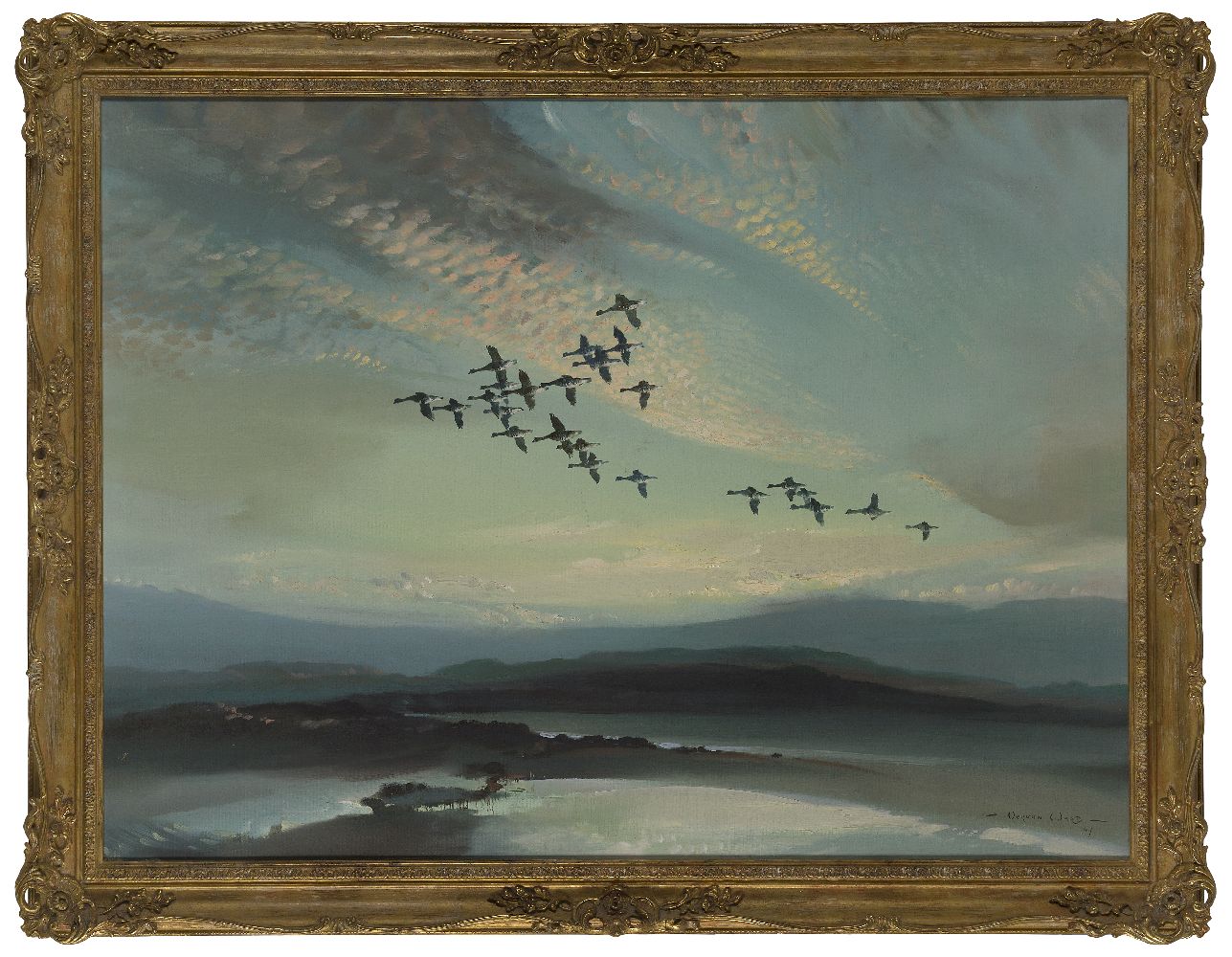 Vernon de Beauvoir Ward ARBA, British 1905–1985 - Geese in flight at sunset, 1947; oil on canvas, - Image 2 of 3