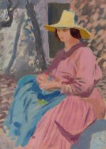 Augustus John OM RA, British 1878-1961 - Dorelia in a cyclamen dress with a blue apron, c.1910-12;