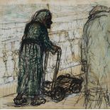 Cynthia Pell, British 1933-1977- Old Lady with Trolley; black felt tip pen, crayon and gouache on