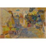 Jan Ekiert, Polish/French 1907-1993- Abstract street scene; oil on board, signed 'Ekiert' lower