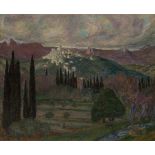 Eugène Antoine Durenne, French 1860-1944- Vue de Cagnes, le soir; oil on canvas, signed 'Durenne '