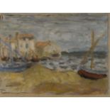 Eugène Antoine Durenne, French 1860-1944- Moored boats; oil on paper, signed 'Durenne' lower left,