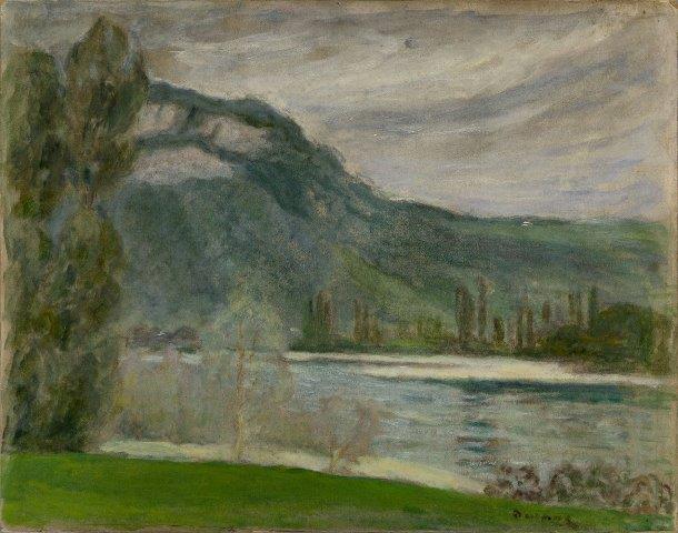 Eugène Antoine Durenne, French 1860-1944- Le Rhone a Aliers, 1937; oil on paper laid down on