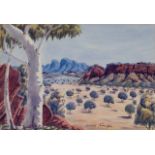 Oscar Namatjira, Australian 1922-1991- View of the Macdonnell ranges; watercolour on paper,