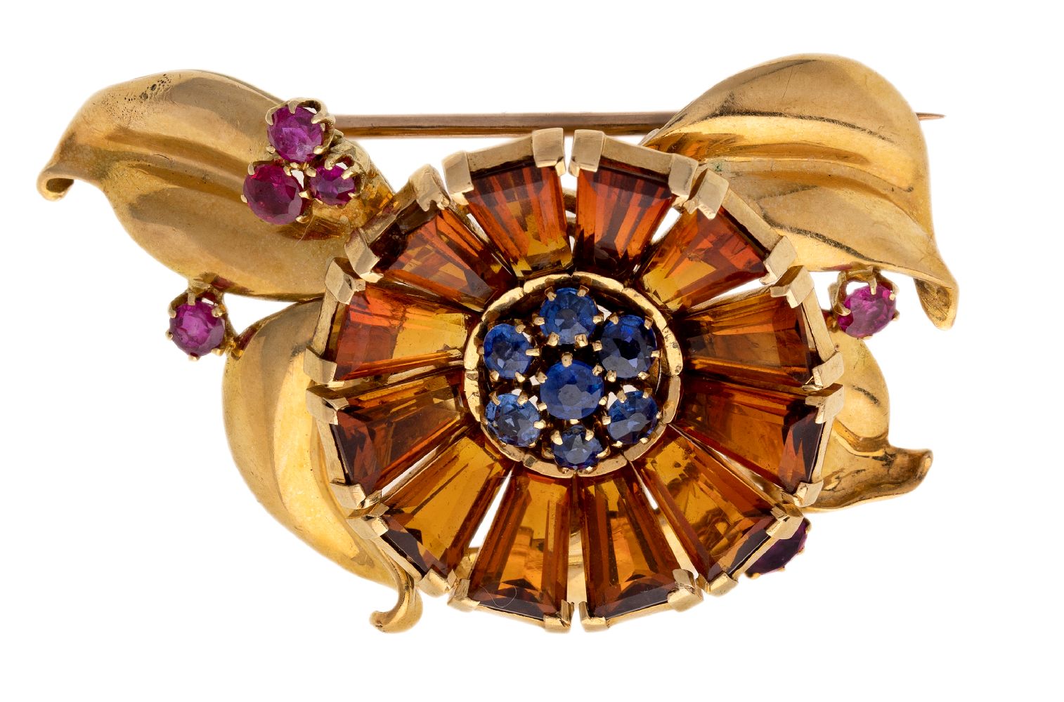 A citrine, sapphire and ruby brooch, by Van Cleef & Arpels, 1940s, designed as a single flower,