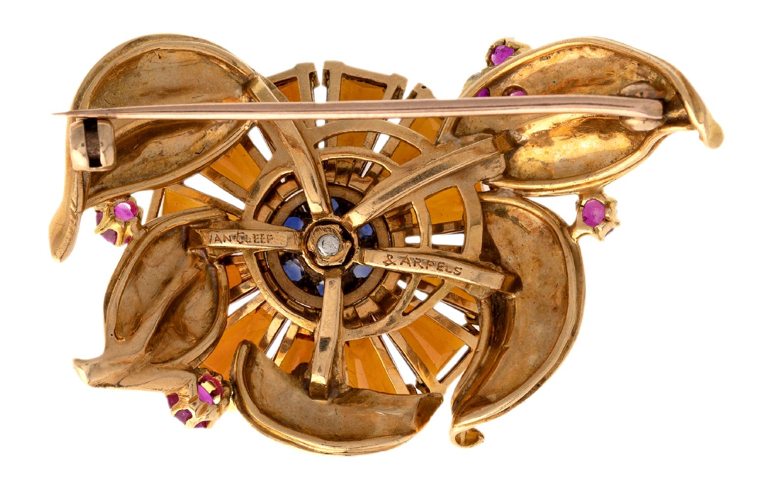 A citrine, sapphire and ruby brooch, by Van Cleef & Arpels, 1940s, designed as a single flower, - Image 2 of 2