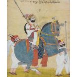 An equestrian portrait of a ruler, Jodhpur, Rajasthan, India, circa 1820, opaque pigments heightened