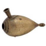 An engraved brass huqqa, India, 18th century, the bulbous body tapering towards a bud finial, with