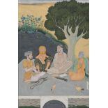 A prince and sadhus in a landscape, India, 20th century, opaque pigments and gold on paper, depicted