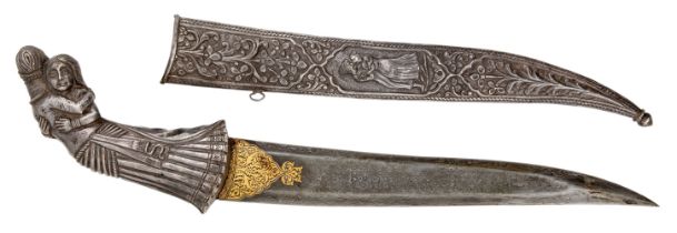 A dagger with silver embracing couple hilt, Rajasthan, India, 19th century, the slightly curved