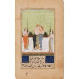 A couple embracing on a terrace, Mughal, 18th century or later, opaque pigments on paper