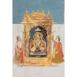 Two paintings of seated ruler and musicians and worshippers at a shrine, Jaipur, Rajasthan, circa