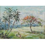 Donald Ramanyake, (Sri Lankan, 1920-1993), Untitled, Outdoor Scene, oil on board, framed, 33 x 26.