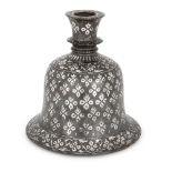 A silver inlaid Bidri huqqa base, North India, circa 1800, of bell shape form, with ring to neck and
