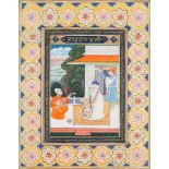 Guru Nanak seated in a marble pavilion with musicians, Punjab, late 19th century, heightened with