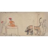 A young Prince watching a tiger devouring a bear, Pahari, probably Mankot, early 18th century,