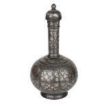 A large Indian silver-inlaid alloy Bidri flask (Surahi), Deccan, India, 19th century, of bulbous