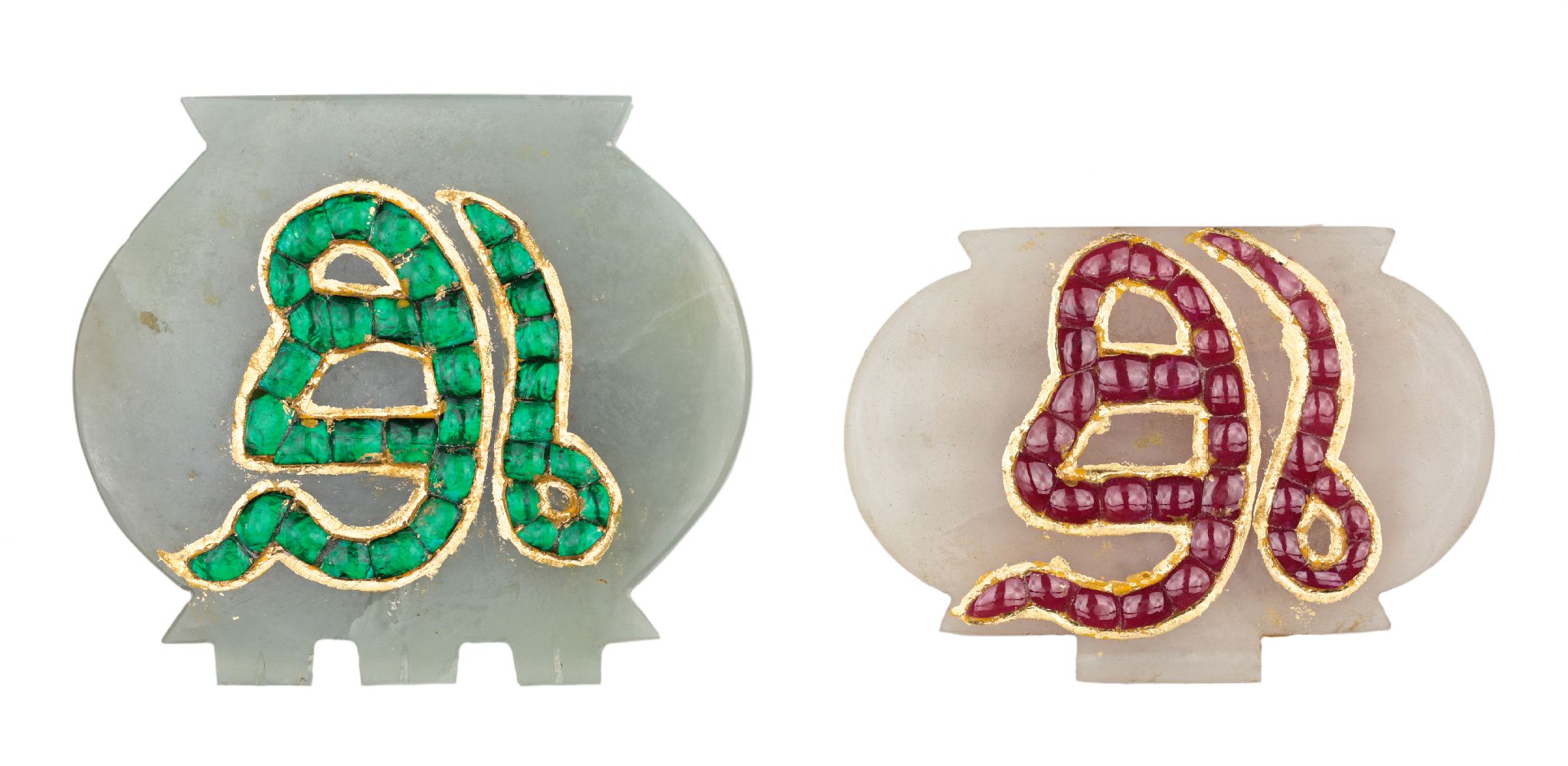 Two gem-set jade pendants with Sikh inscriptions, India, 20th century, each engraved in gold to