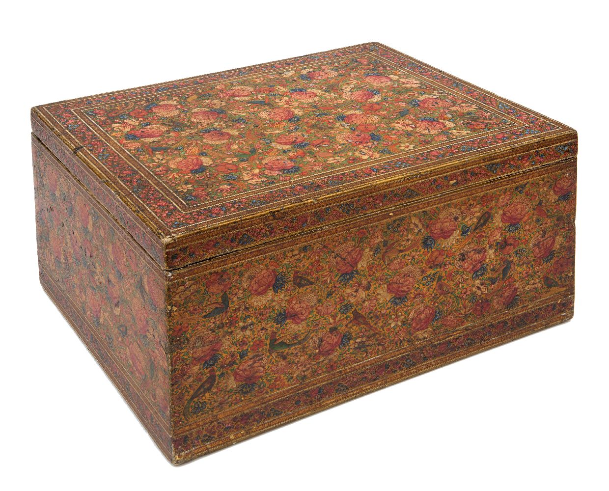 A Kashmiri lacquered papier mache wood box, India, 19th century, of rectangular deep form, densely