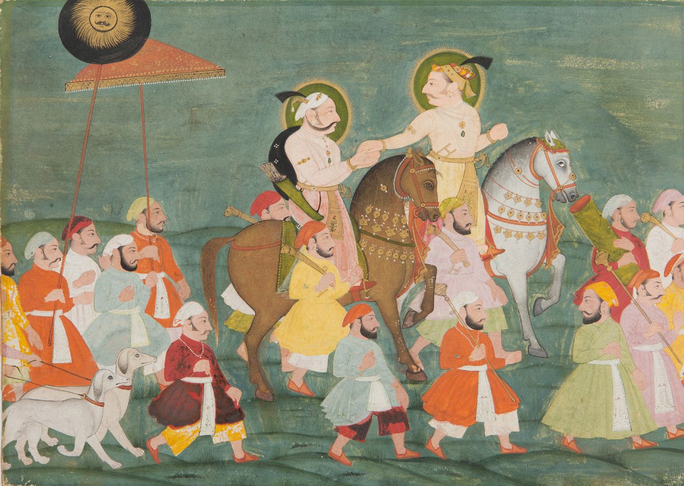 A hunting party of two rulers, possibly Maharaja Raj Singh (r. 1629-1680) and his father Jagar