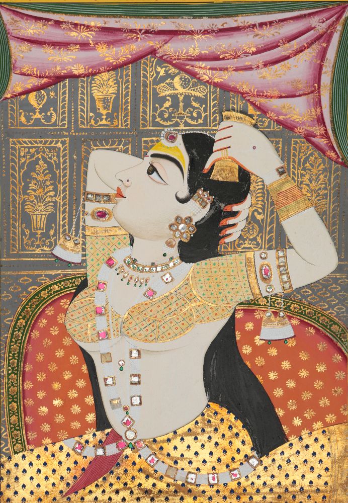 A courtesan, Jaipur, India, Jaipur, circa 1850, opaque watercolour with gold, silver and crimson