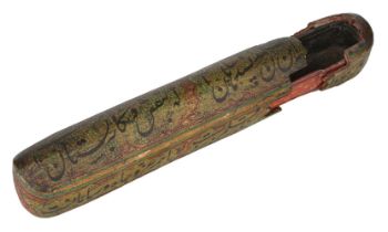 A large lacquered papier mache qalamdan with calligraphy, Kashmir, India, circa 1800, with rounded