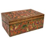 A large Kashmiri pictorial lacquered papier mache wooden writing box, North India, circa 1880, of