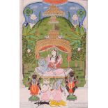 The goddess Parvati enthroned and observing various deities including Bhramaji, Shiva, and