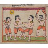 A folk painting of a group of wrestlers, Rajasthan, India, late 19th century, opaque pigments on