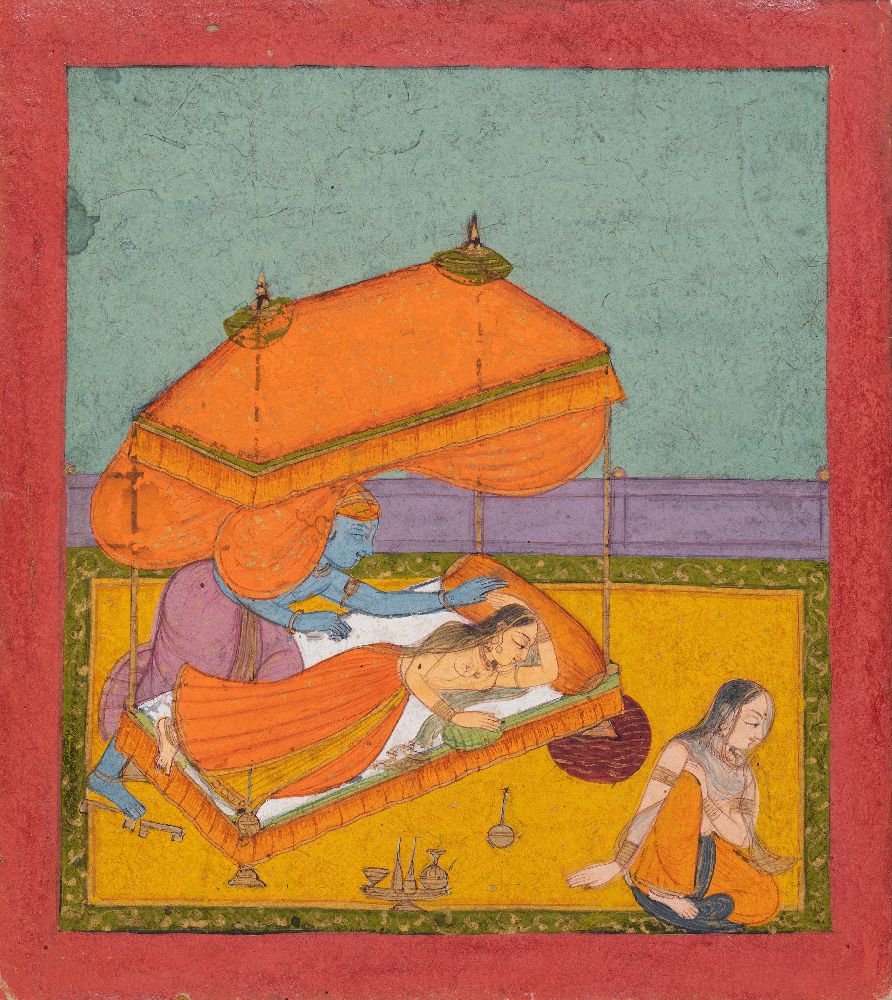 Krishna returns to the sleeping Radha, Rajasthan, circa1700, opaque pigments on paper, depicted