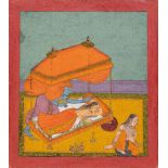 Krishna returns to the sleeping Radha, Rajasthan, circa1700, opaque pigments on paper, depicted