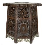 A brass and copper inlaid carved wood table top and stand, Punjab, probably Lahore, India, circa