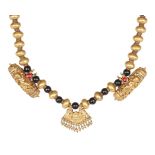 A South Indian gold and onyx necklace, composed of a series of gold beads of compressed form with