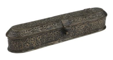 An engraved copper qalamdan, India, 19th century, with rounded ends and hinged lid, engraved to