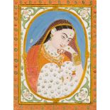 A portrait of a courtesan, Bundi school, Rajasthan, India circa 1790, opaque pigments heightened
