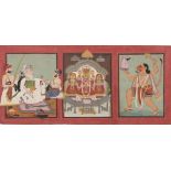 A devotional painting with three scenes depicting Hanuman, a Jain shrine and a seated ruler with