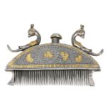 A gilt-decorated silver hair comb, Kutch, India, mid-19th century, the hemispherical body surmounted
