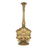A brass rosewater sprinkler on the form of a lotus flower, North India, 18th century, on a domed