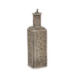 A silver and glass perfume bottle, India, 19th century, of square form, the clear glass bottle