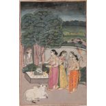 Maidens at a lingam shrine beside a hermitage in which a fakir sits, Murshidabad, late 18th century,