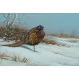 Cyril David Johnston, British b.1946- Pheasant in snowscape; watercolour and gouache, signed and
