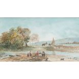 British Provincial School, 19th century- Figures by a river; watercolour, bears signature, 14.5 x 25