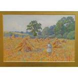 Florence M Gill, British fl. 1894-1926- Girl in a field with corn stooks; watercolour, signed