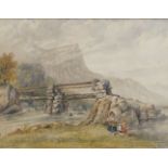 G.C. Loftus, early/mid-19th century- Children fishing by a bridge; watercolour heightened with