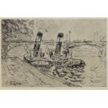 Paul Signac, French 1863-1935- Le Pont Des Arts Avec Remorqueuers; etching with aquatint, signed