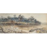 British School, mid-19th century- Figures fishing by a weir; watercolour heightened with white, 10 x