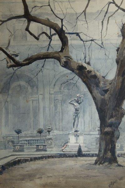 Maude Parker, British 1888-1965- London scene with a public statue; watercolour, signed, 50 x 35
