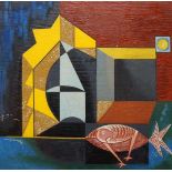 S T S Lemzon, mid-20th century- Untitled abstract composition with fish; oil on board, signed