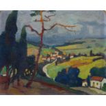 French Fauvist School, early-mid 20th century- French village landscape with hills and trees; oil on